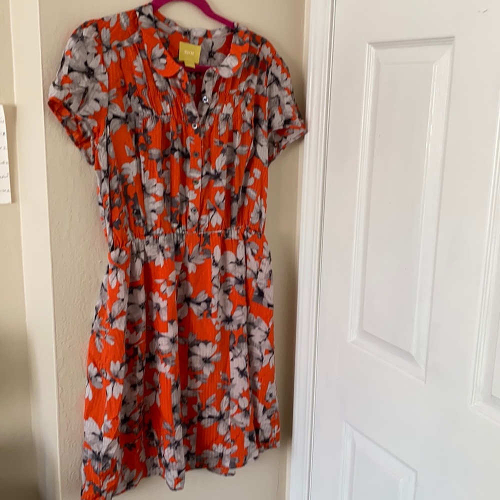 Maeve Size 12 Orange Gray Collar Button Down Floral Spectrum Silk Dress